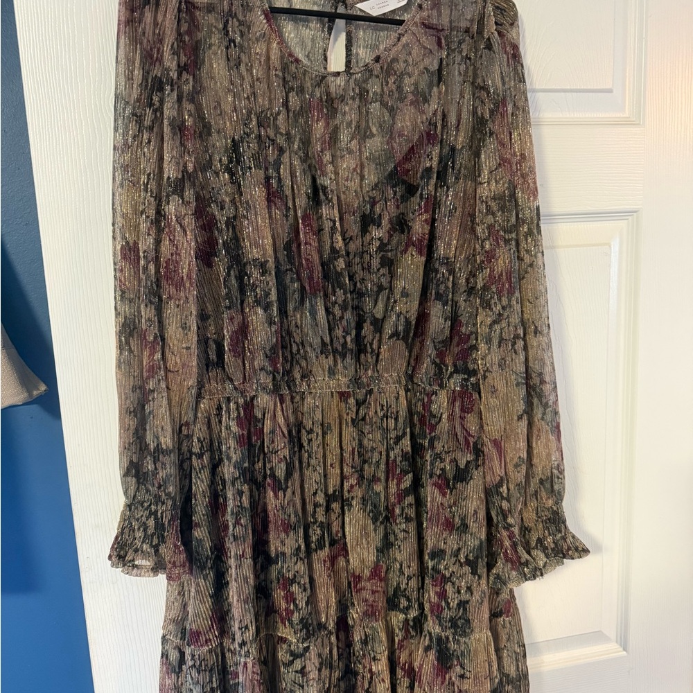 LC Lauren Conrad Floral Pleated Long-Sleeve Midi Dress in Beige and Mauve